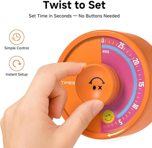 60-Minute Visual Timer, Twist to Set, Loud Battery-Powered Alarm, Bright Rotary Countdown Dial for Focus, Study, Classroom, Office & Home (Orange Smile)